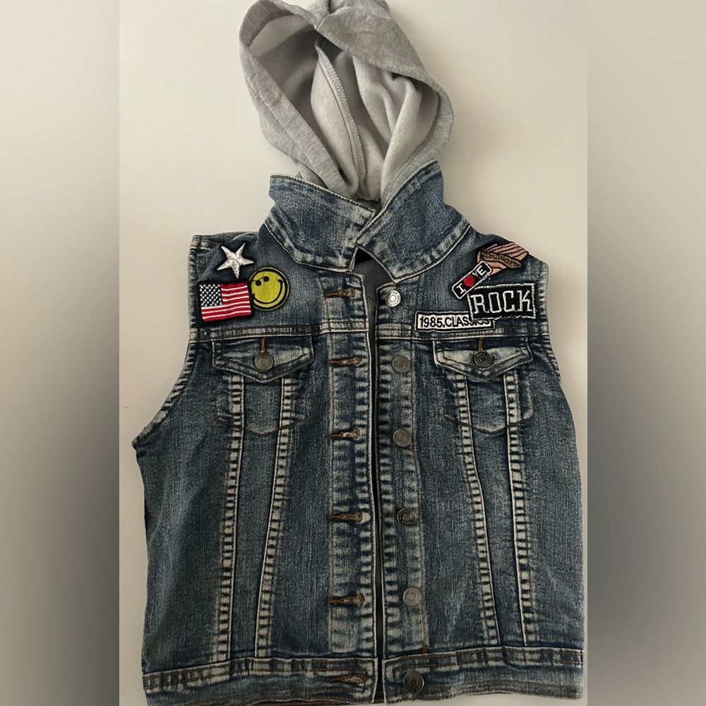 Kids Denim Vest with Gray Hood and Fun Patches